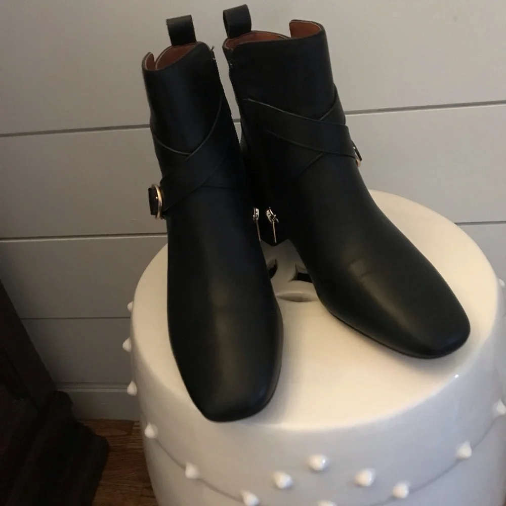 Coach Black Ankle Boots with Chunky Heel and Metallic Detail